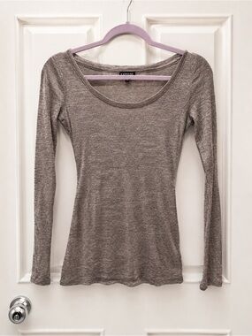 Express Long Sleeve Glitter Scoop Neck Top in Taupe Beige